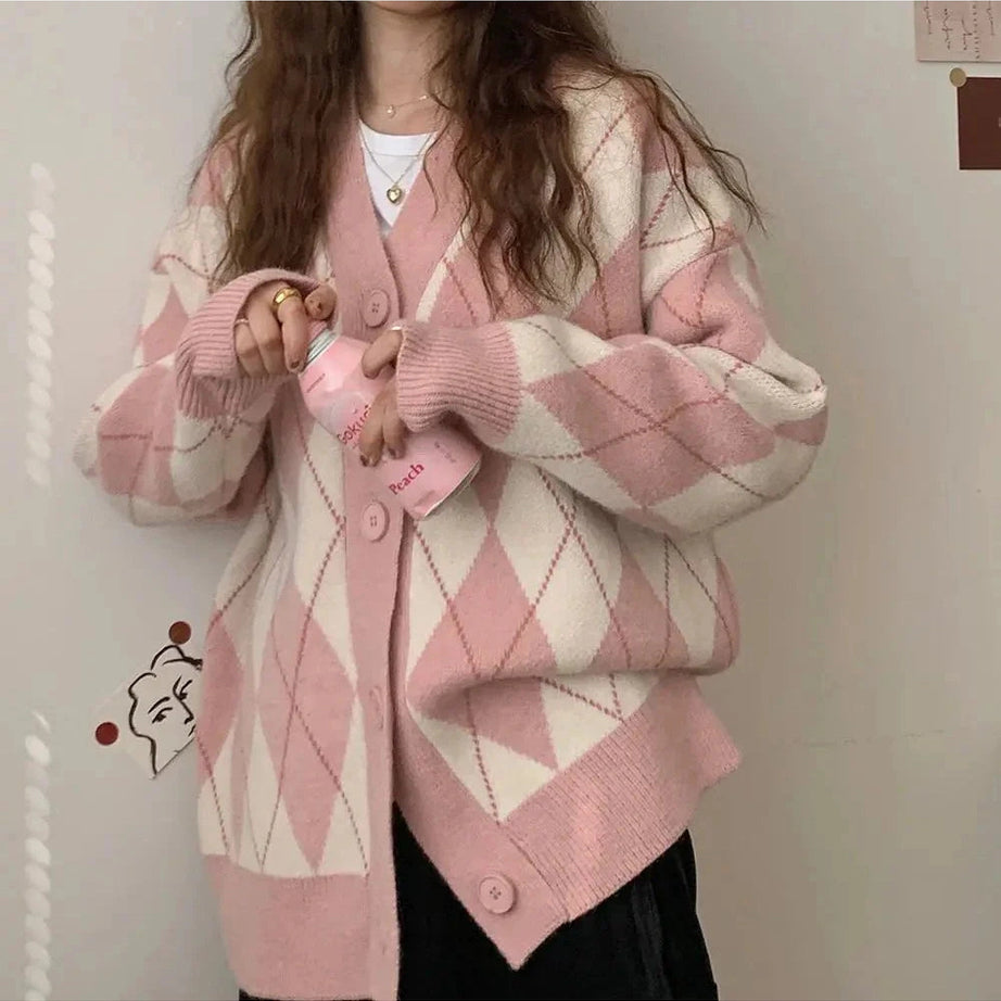 Y2k Argyle Knitted Cardigan