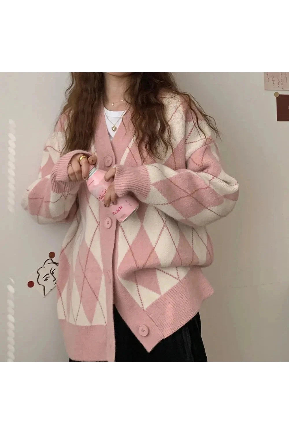 Y2k Argyle Knitted Cardigan