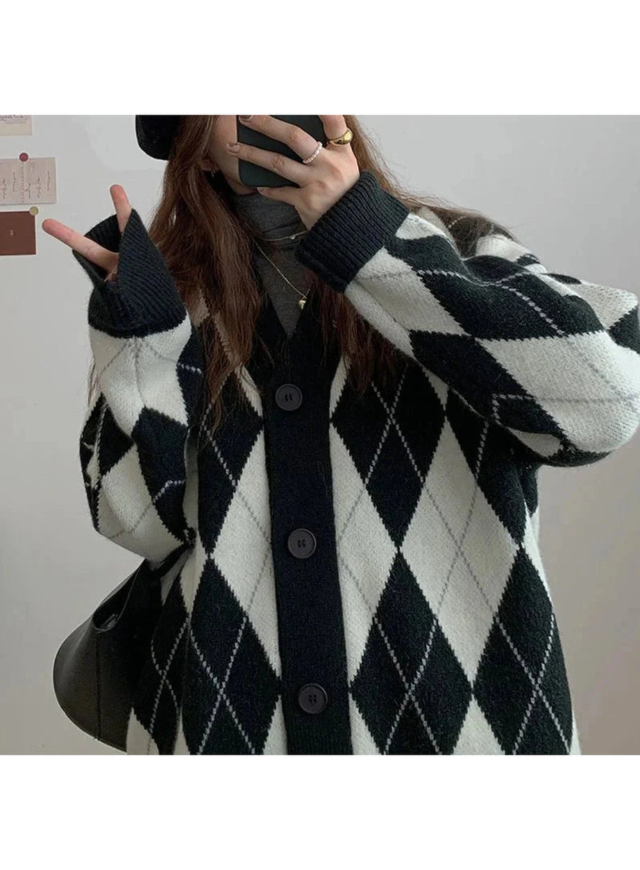 Y2k Argyle Knitted Cardigan