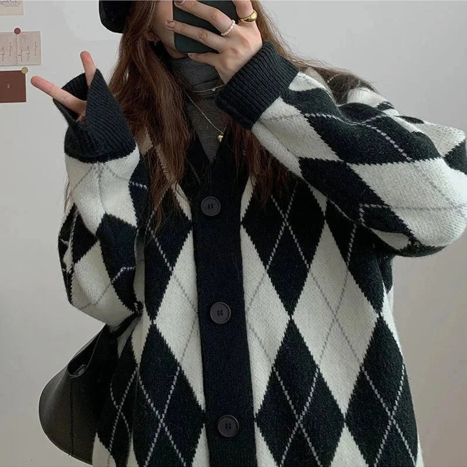 Y2k Argyle Knitted Cardigan