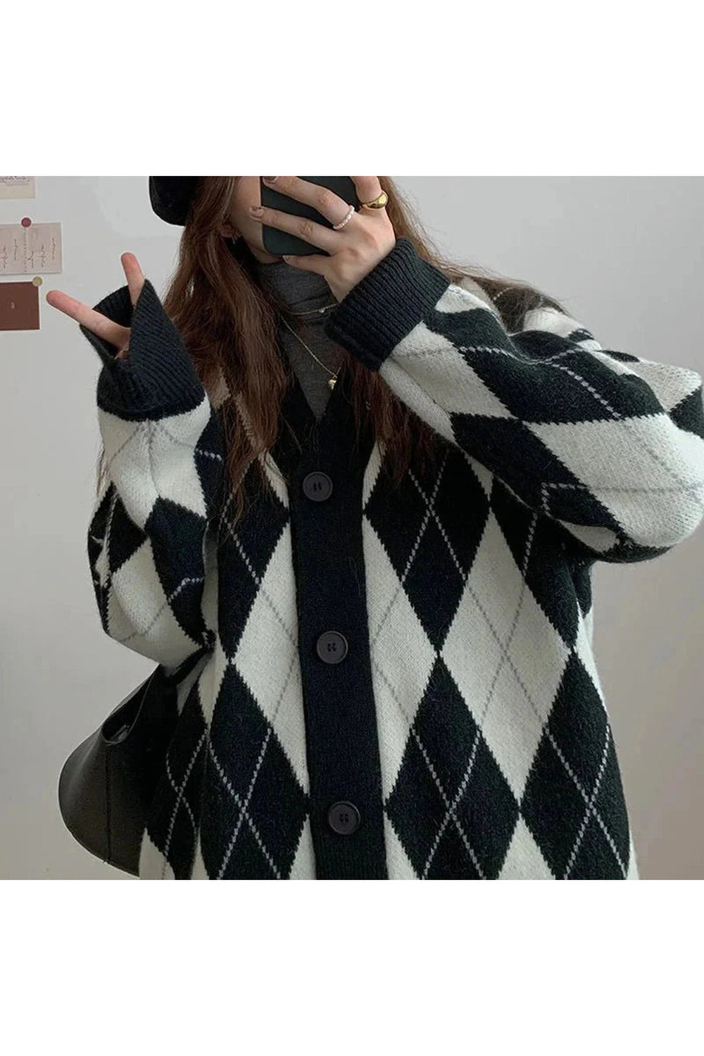 Y2k Argyle Knitted Cardigan