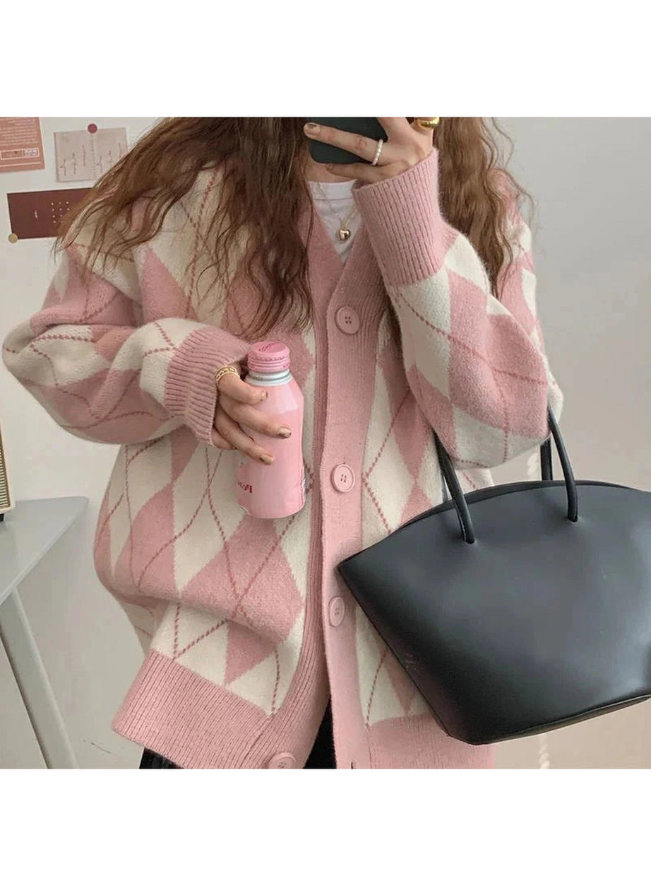 Y2k Argyle Knitted Cardigan