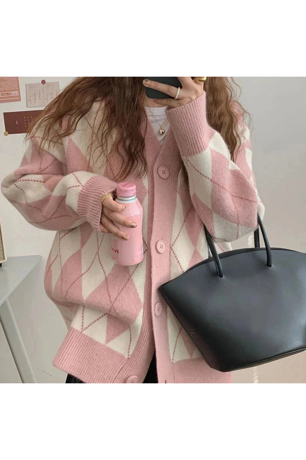 Y2k Argyle Knitted Cardigan