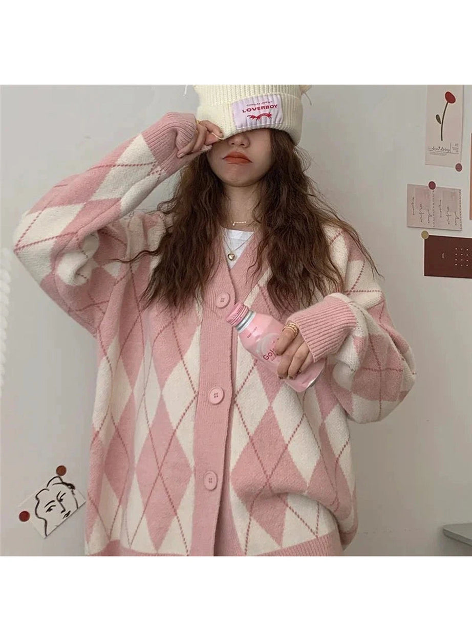 Y2k Argyle Knitted Cardigan