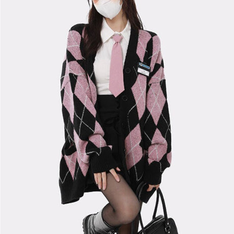 Argyle Pink Cardigan Sweater - Cardigans