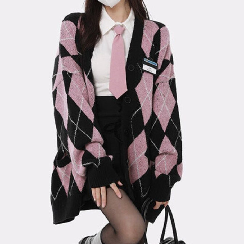 Y2k Pastel goth Argyle Pink Cardigan Sweater