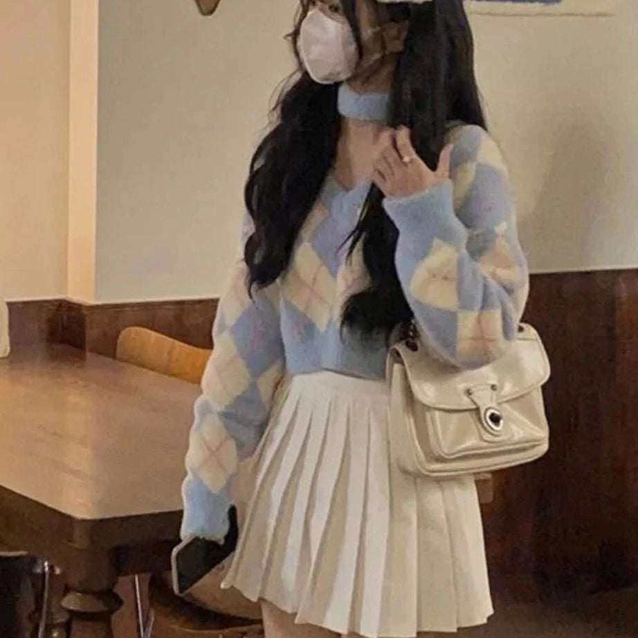 Y2k Argyle Sweet College Spring Pullover