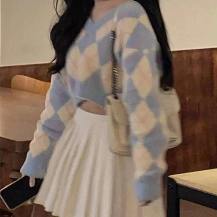 Y2k Argyle Sweet College Spring Pullover