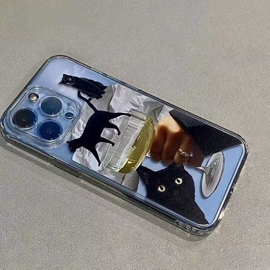 Y2k Artsy Funny Black Cat Wine Case for iPhone