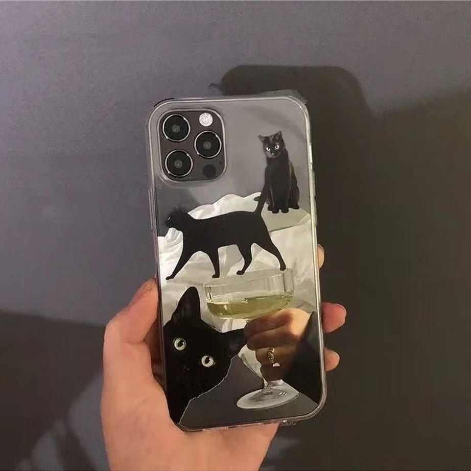 Y2k Artsy Funny Black Cat Wine Case for iPhone