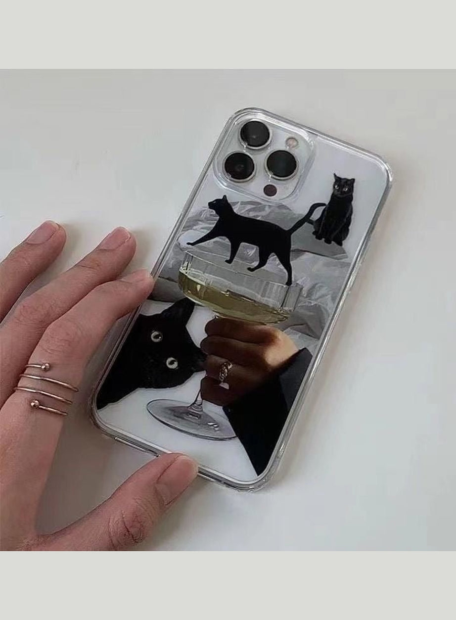 Y2k Artsy Funny Black Cat Wine Case for iPhone