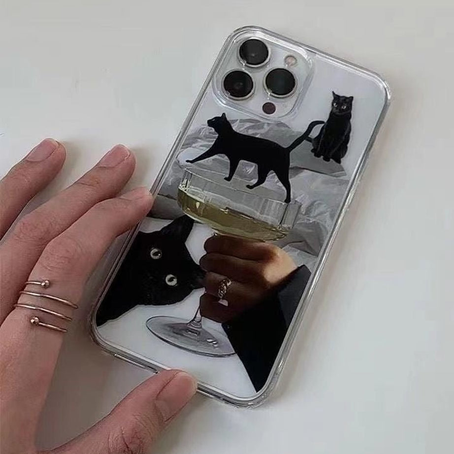 Y2k Artsy Funny Black Cat Wine Case for iPhone