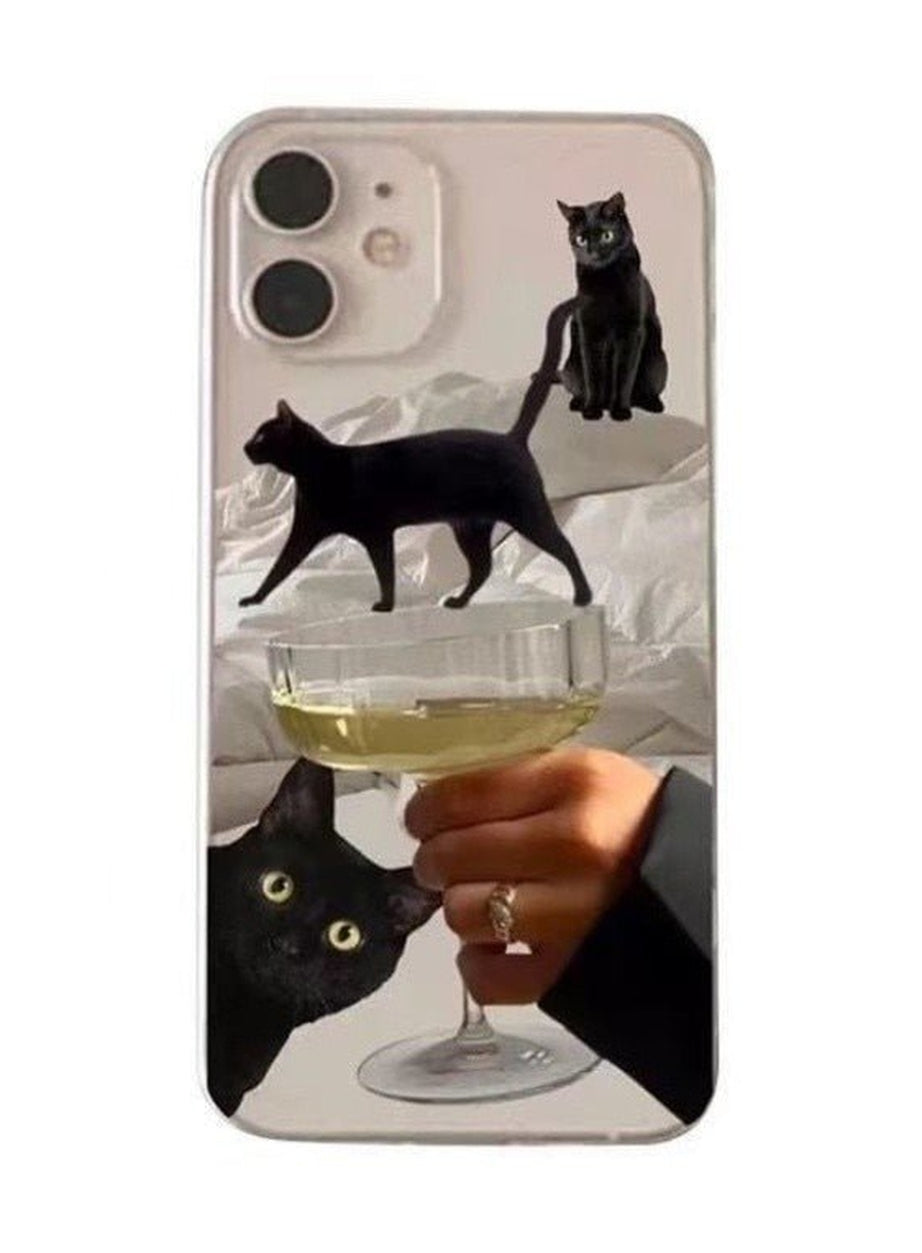 Y2k Artsy Funny Black Cat Wine Case for iPhone