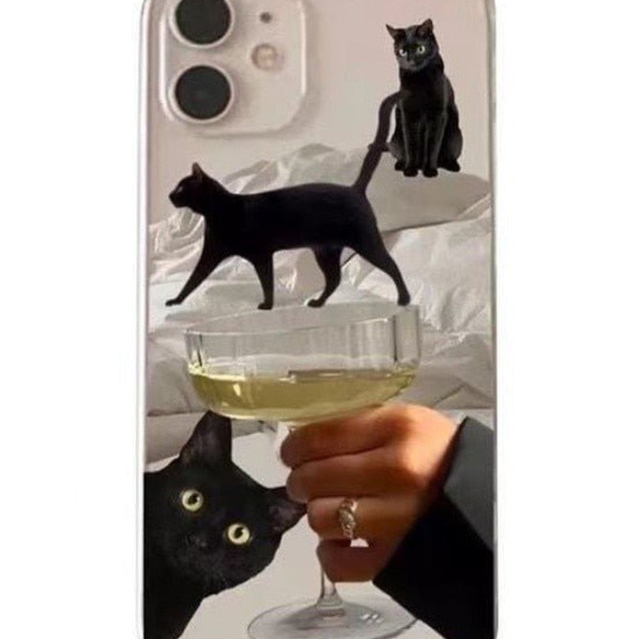 Y2k Artsy Funny Black Cat Wine Case for iPhone