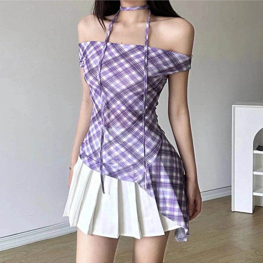 Y2k Asymmetric Plaid Halter Blouse