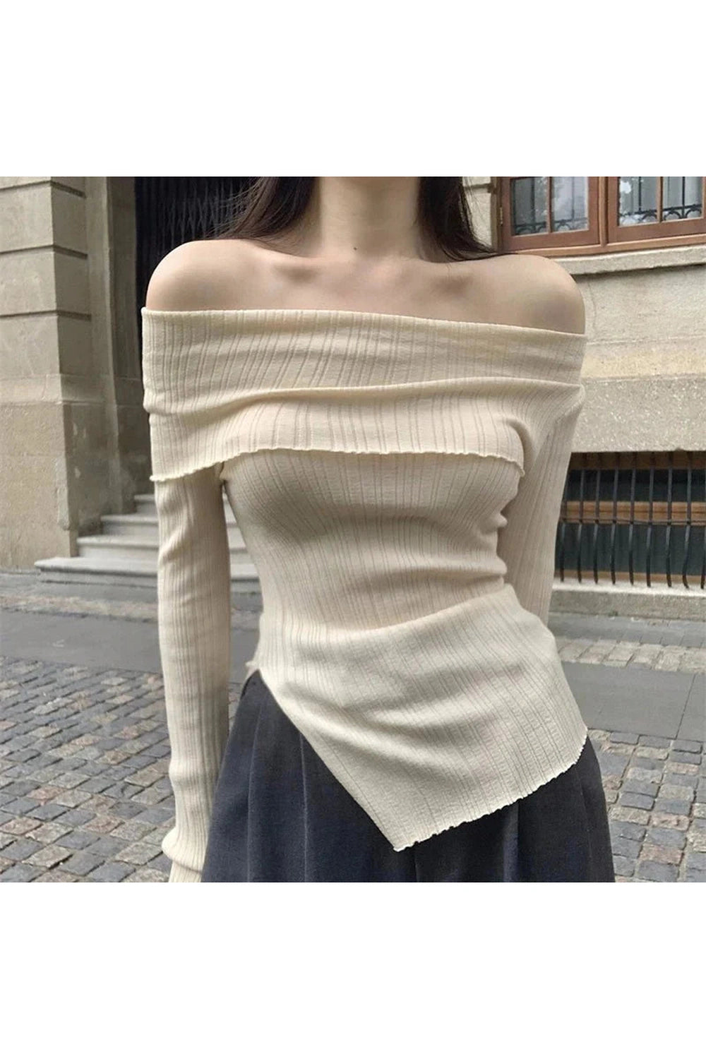 Y2k Asymmetrical Off-Shoulder Ribbed Top