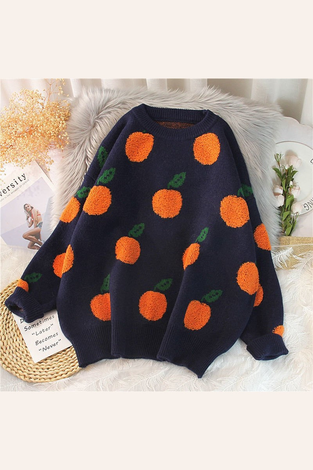 Y2k Autumn Winter Cherry Pattern Sweater
