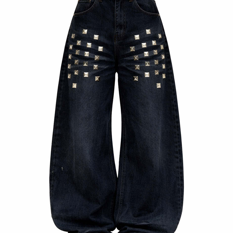 Washed Rivet Detail Wide Leg Jeans