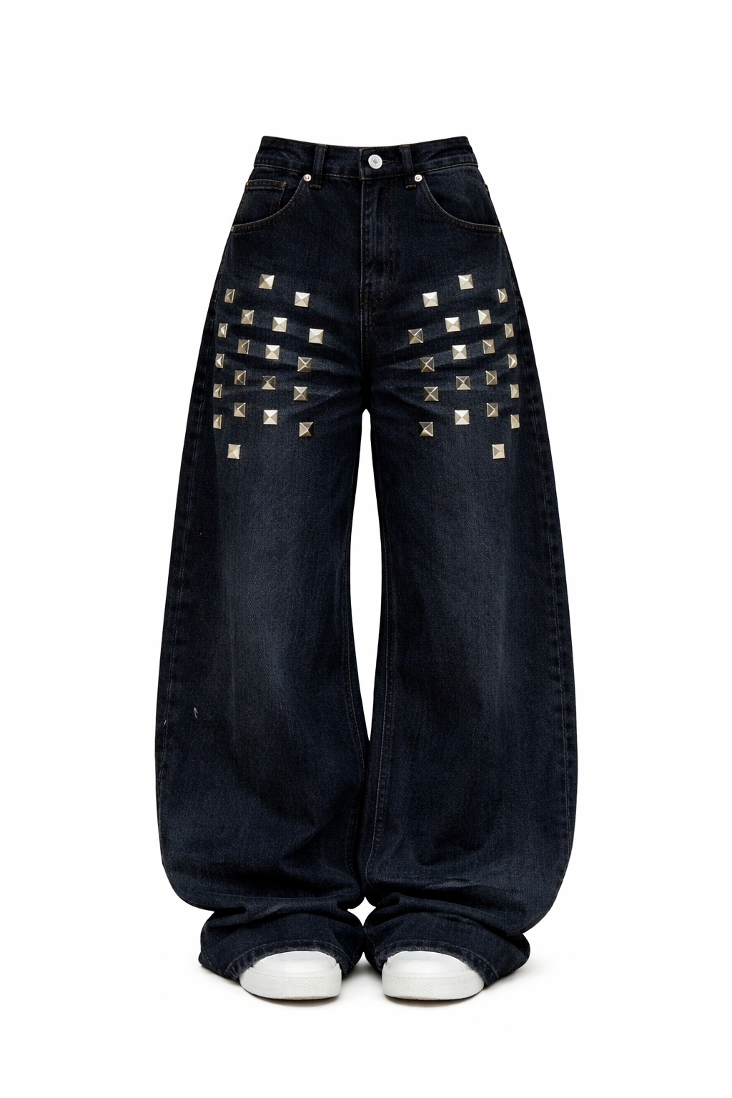 Washed Rivet Detail Wide Leg Jeans