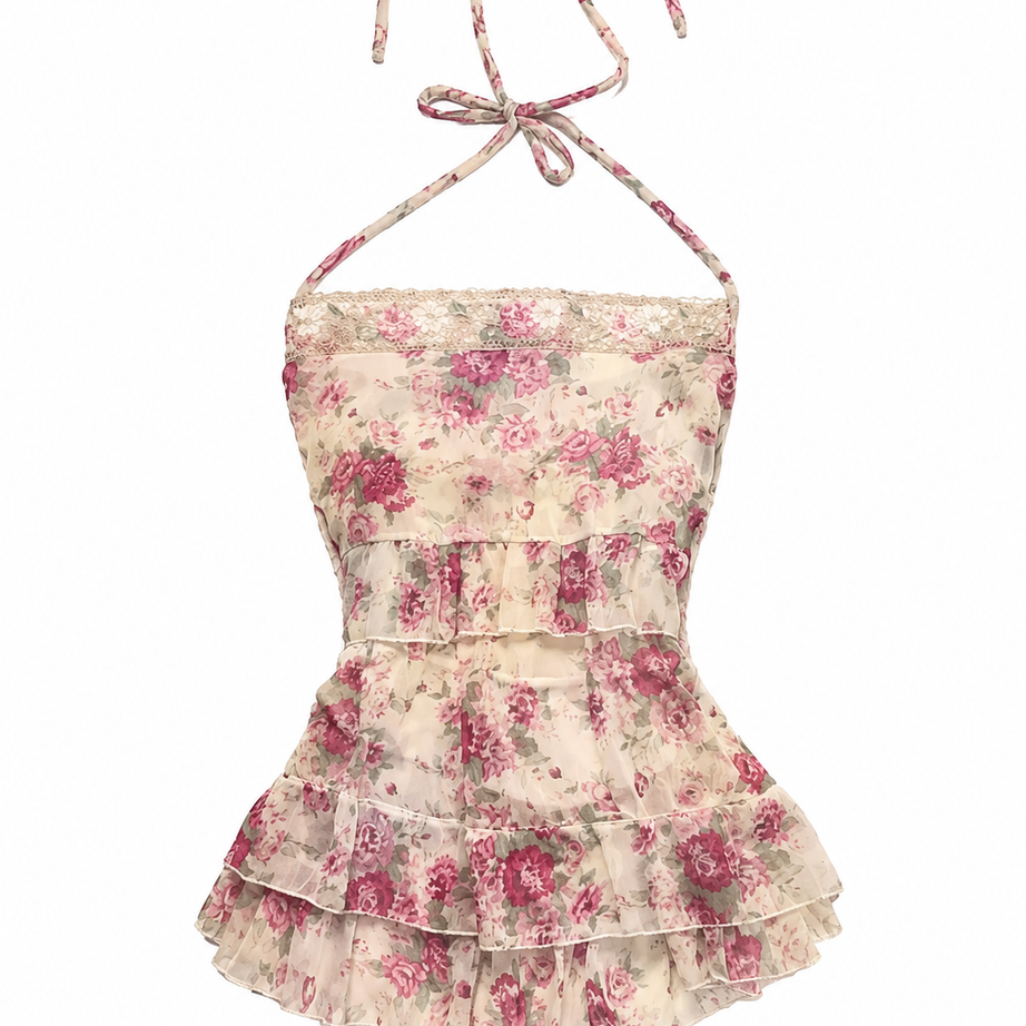 Y2K Rosegarden Halter Blouse in Cream Floral Chiffon