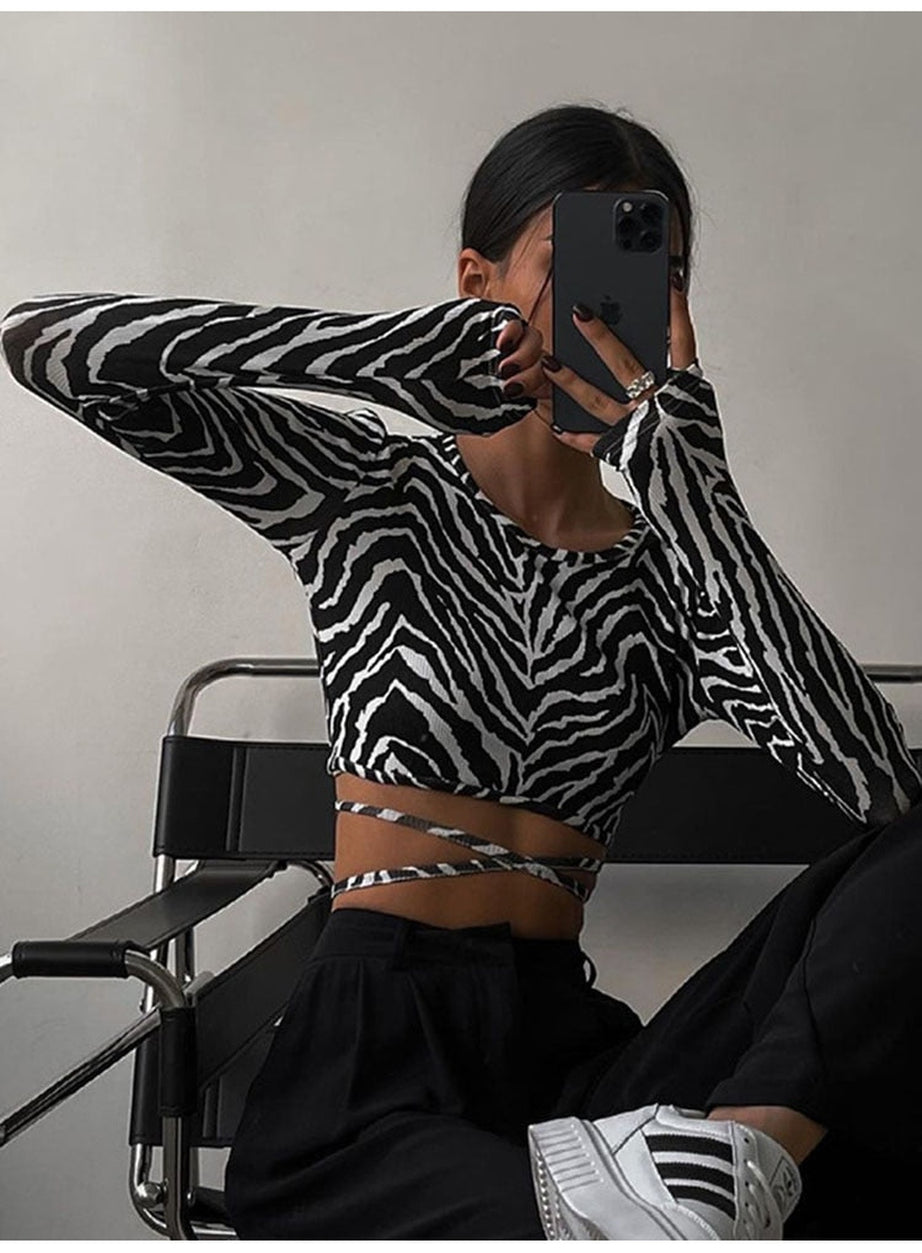 Y2k Backless Long Sleeve Zebra Crop Top