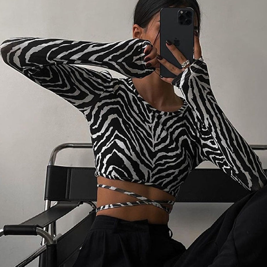 Y2k Backless Long Sleeve Zebra Crop Top