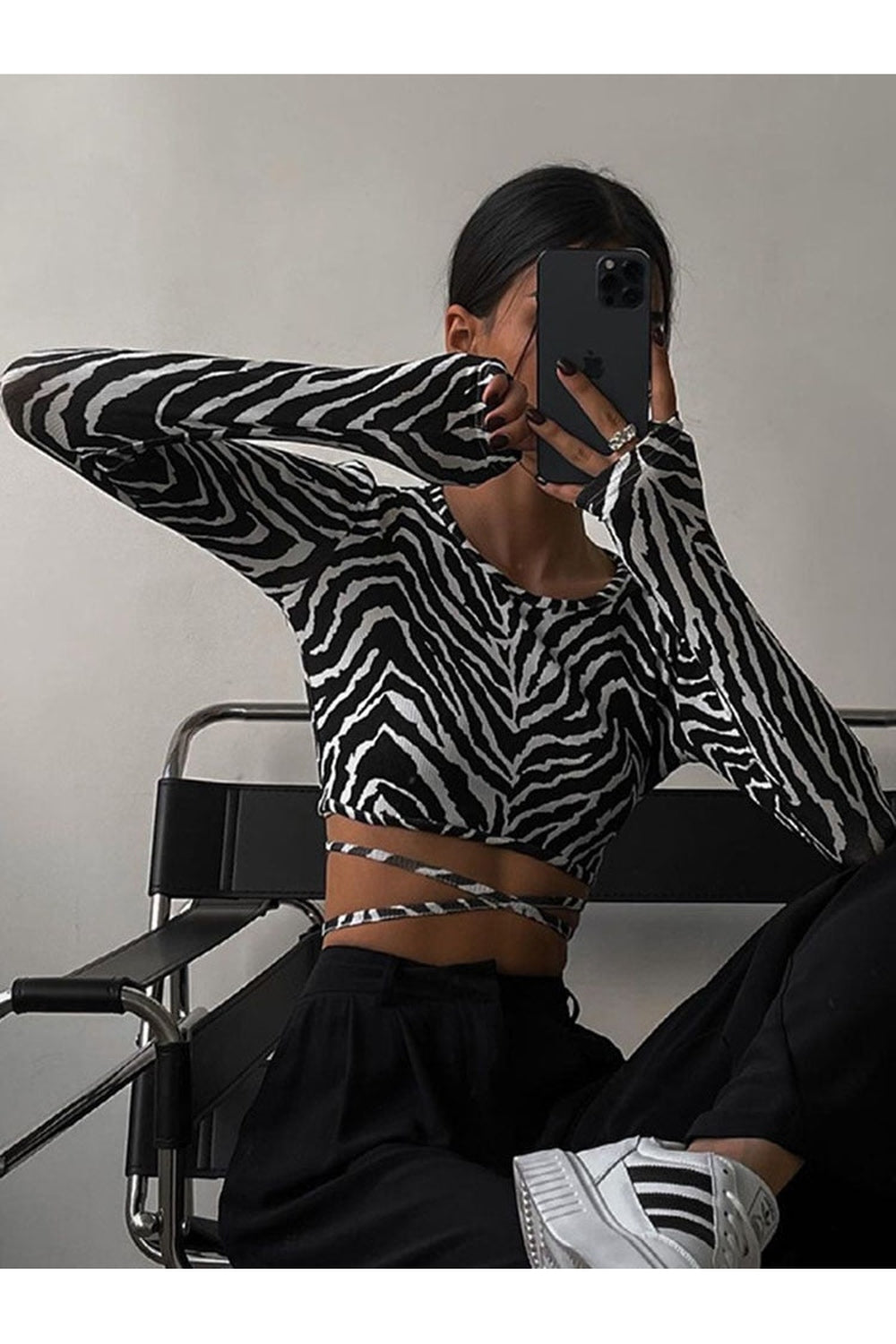 Y2k Backless Long Sleeve Zebra Crop Top