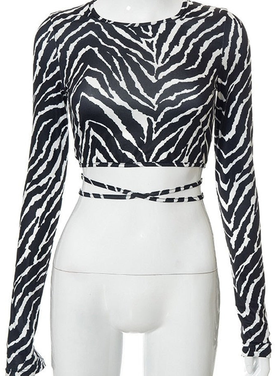Y2k Backless Long Sleeve Zebra Crop Top