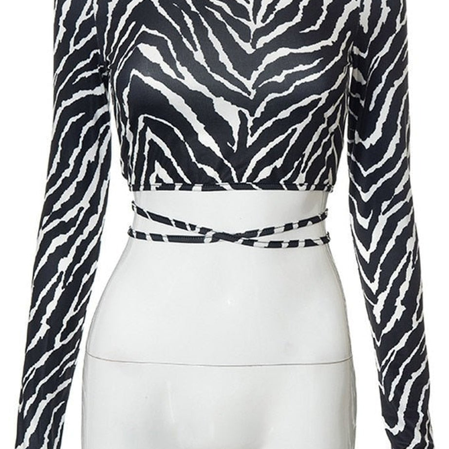Y2k Backless Long Sleeve Zebra Crop Top