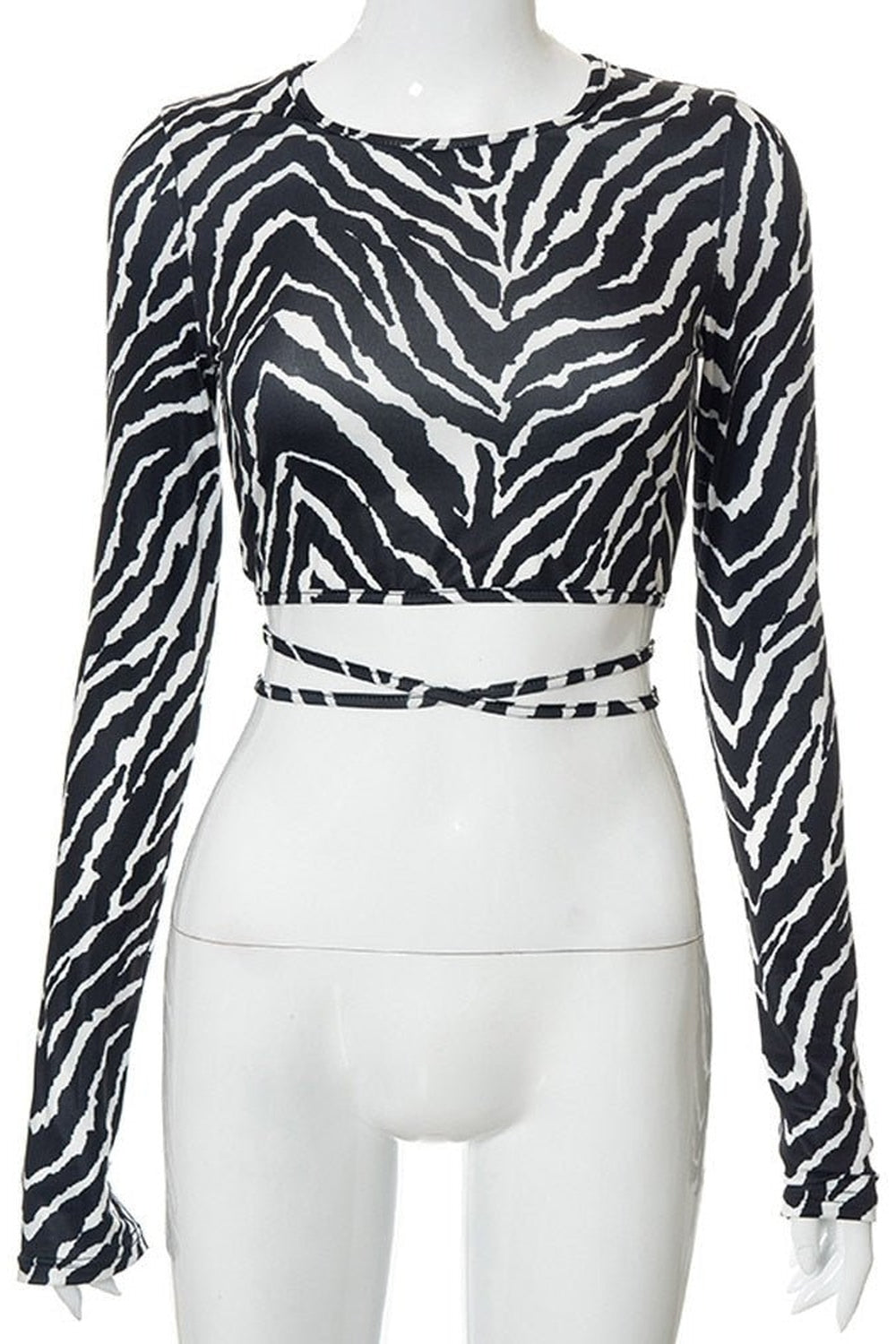 Y2k Backless Long Sleeve Zebra Crop Top