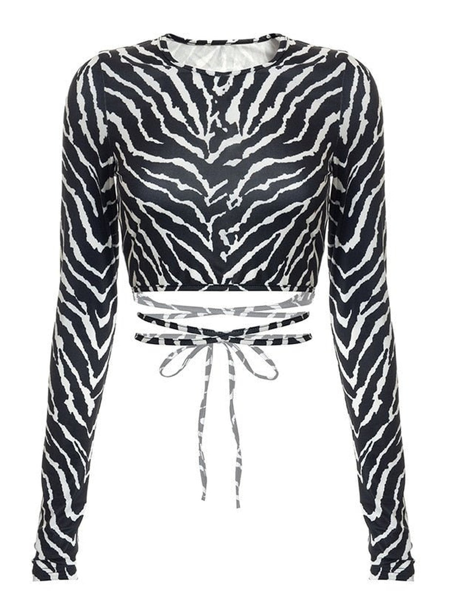 Y2k Backless Long Sleeve Zebra Crop Top
