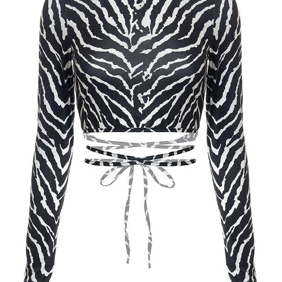 Y2k Backless Long Sleeve Zebra Crop Top