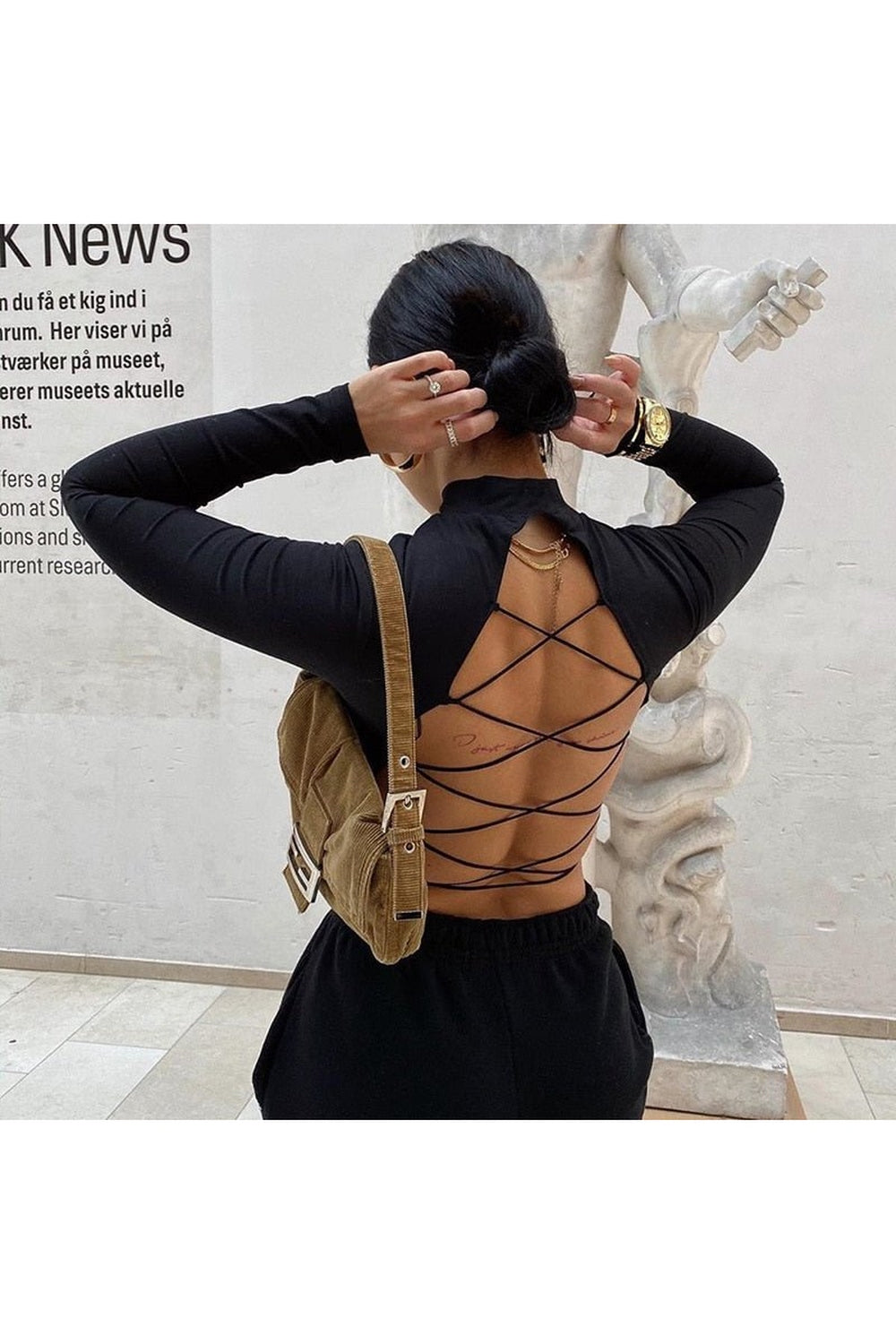 Y2k Bandage Backless Long Sleeve Crop Top