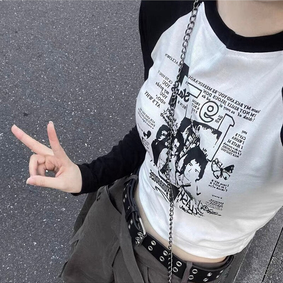 Y2k Acubi Black And White Grunge Crop Top