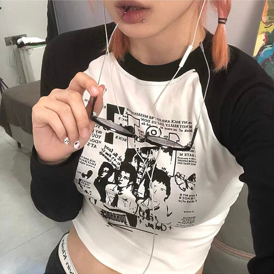 Y2k Acubi Black And White Grunge Crop Top