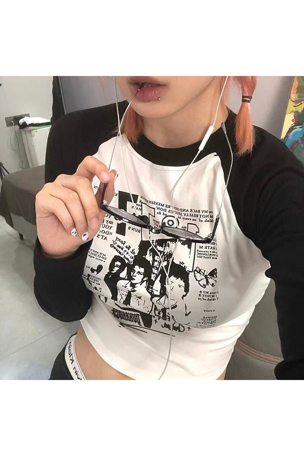 Y2k Acubi Black And White Grunge Crop Top