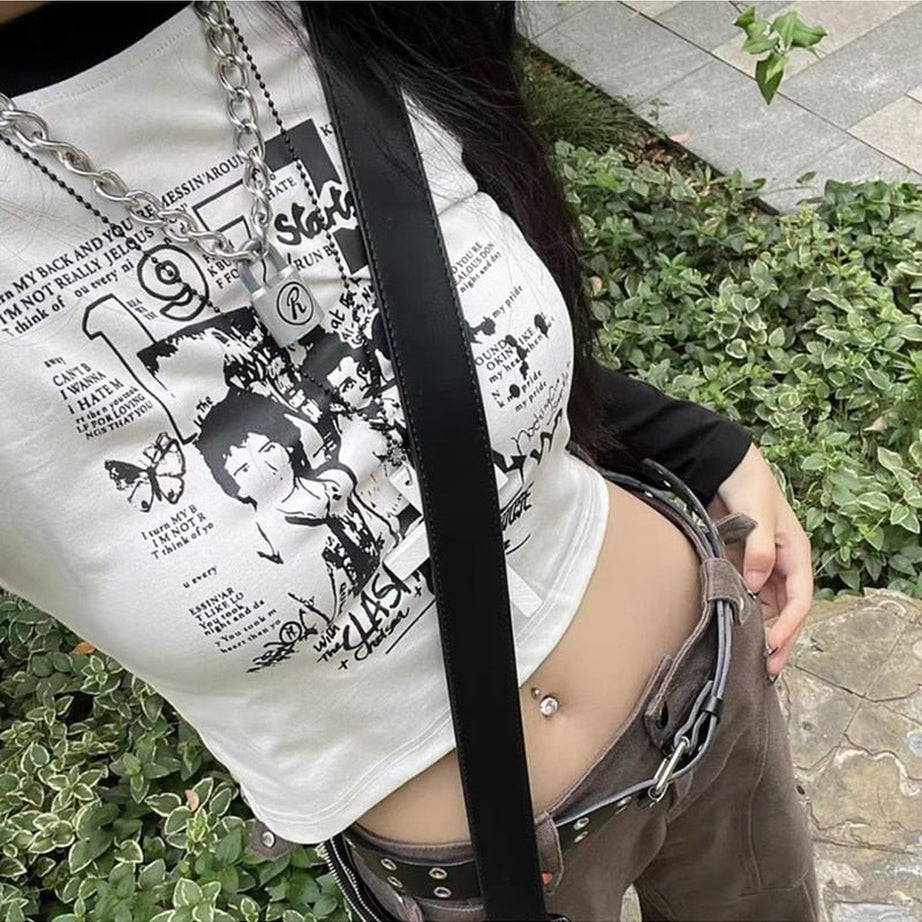 Y2k Acubi Black And White Grunge Crop Top