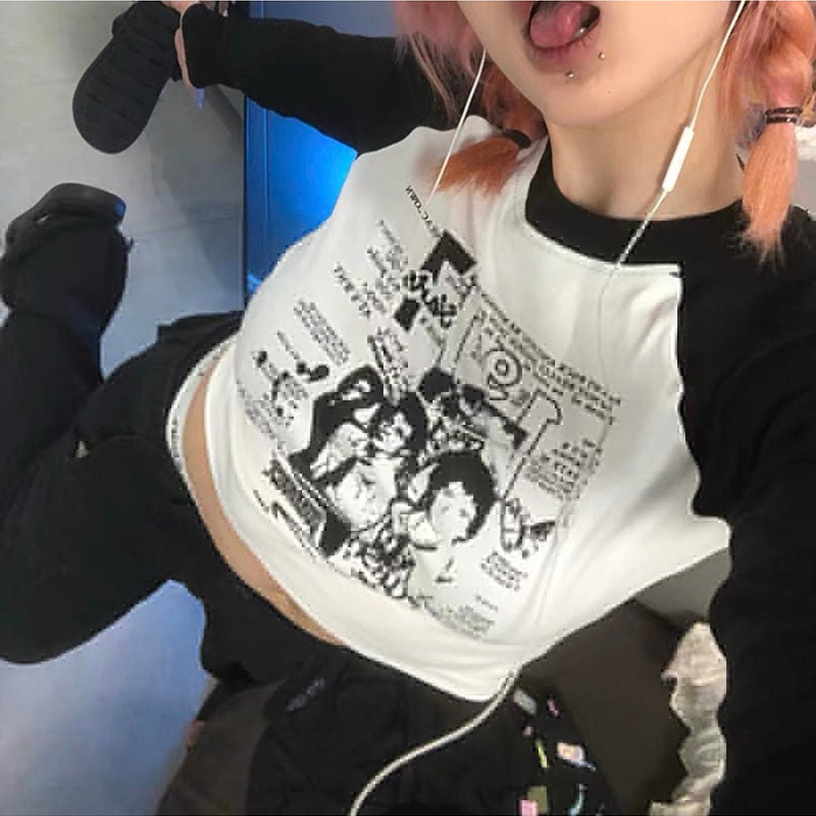 Y2k Acubi Black And White Grunge Crop Top