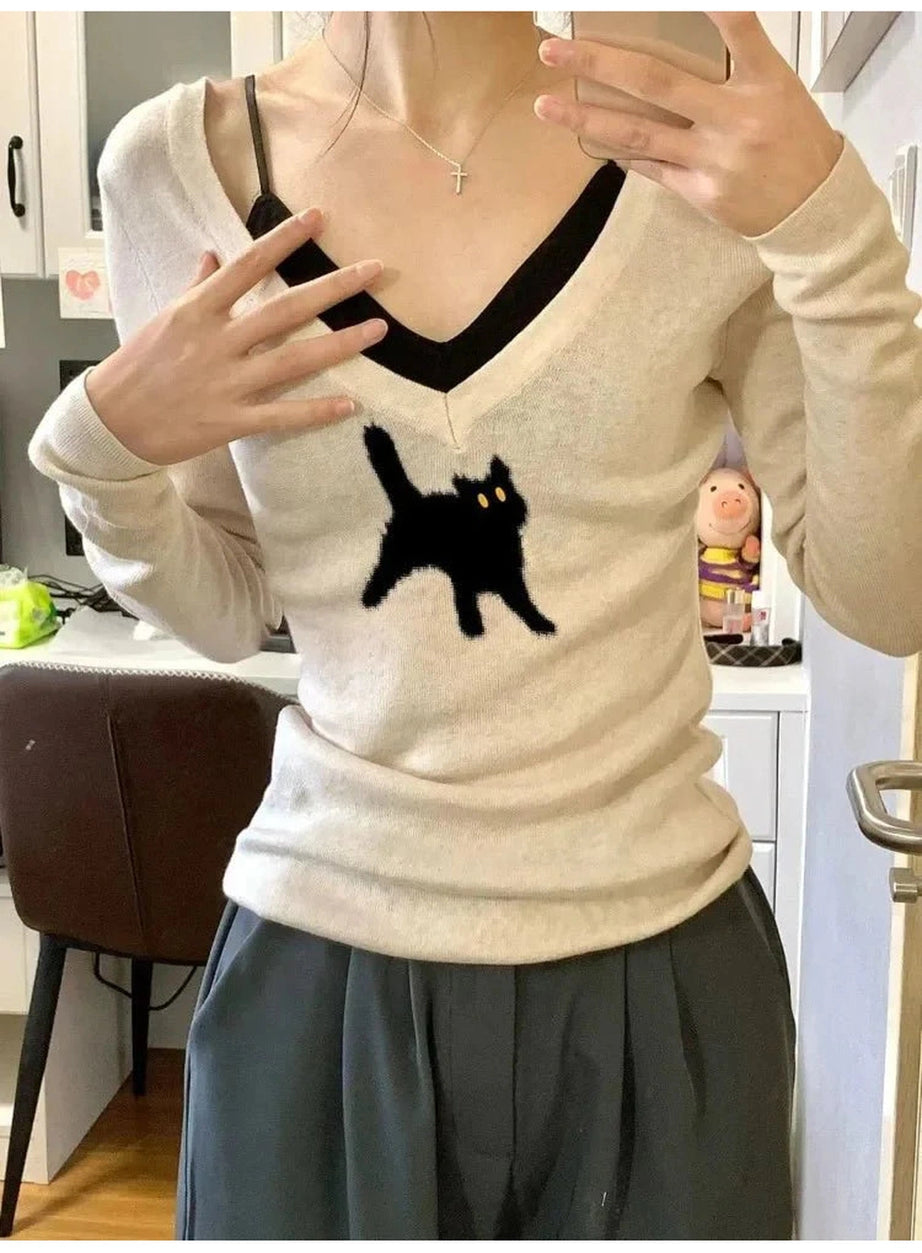 Y2k Black Cat V-Neck Sweater