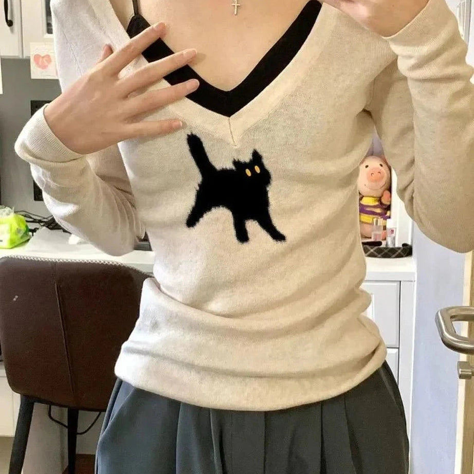 Y2k Black Cat V-Neck Sweater