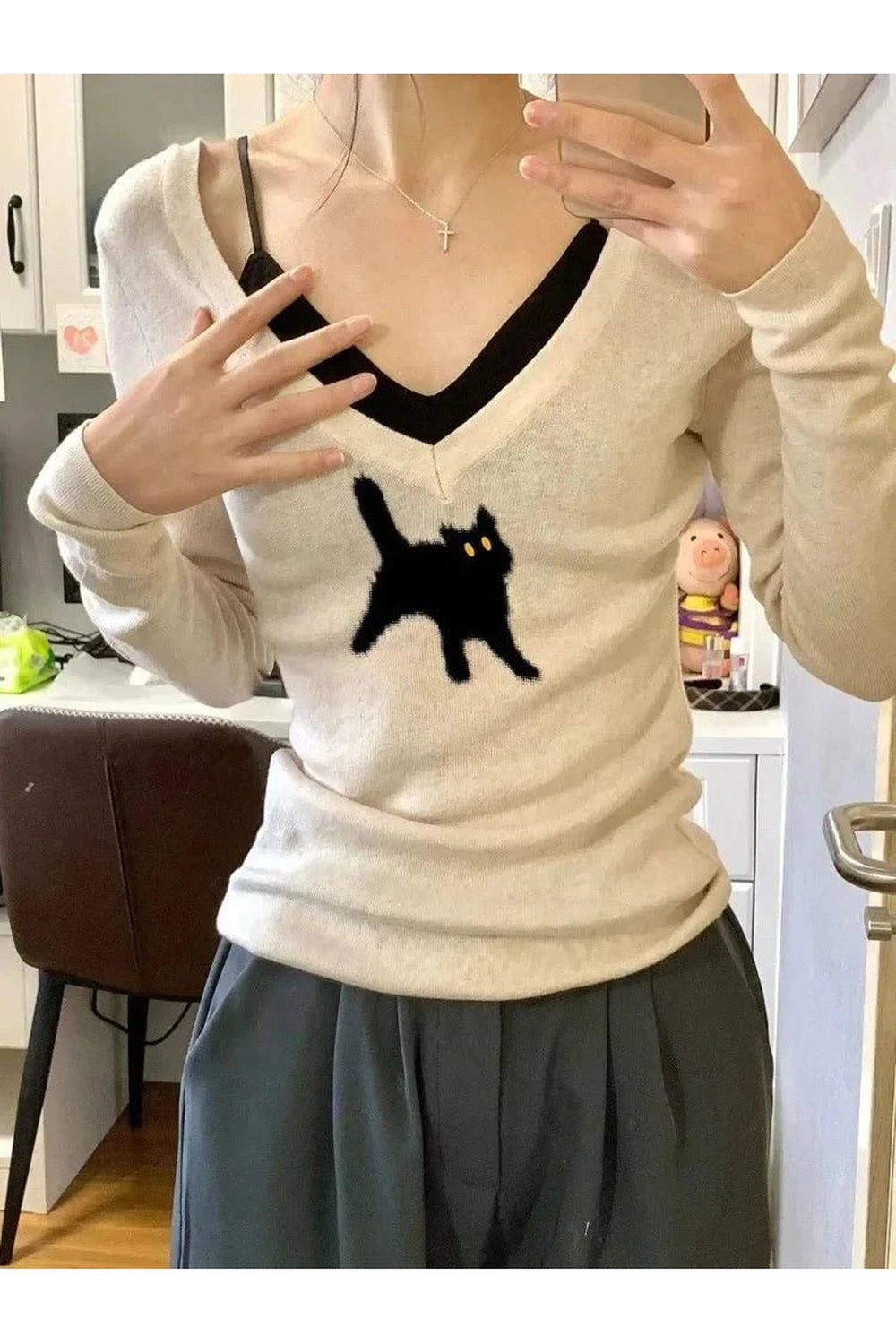 Y2k Black Cat V-Neck Sweater