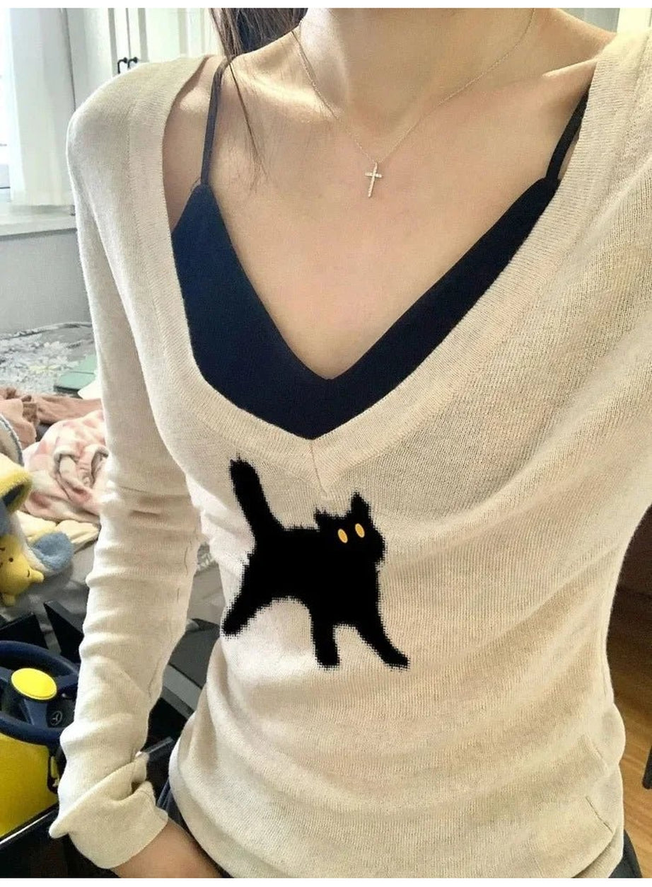 Y2k Black Cat V-Neck Sweater