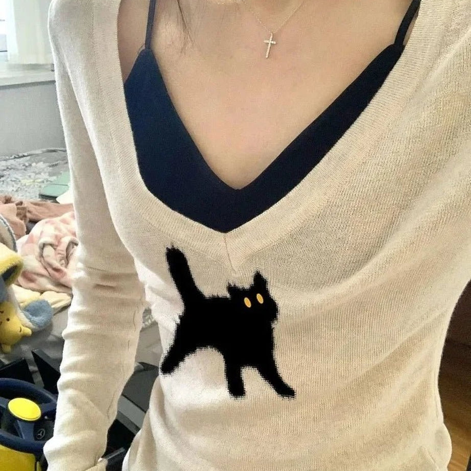 Y2k Black Cat V-Neck Sweater