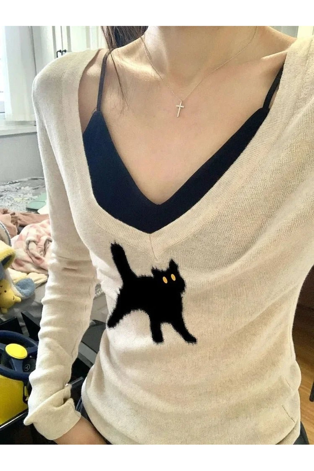 Y2k Black Cat V-Neck Sweater