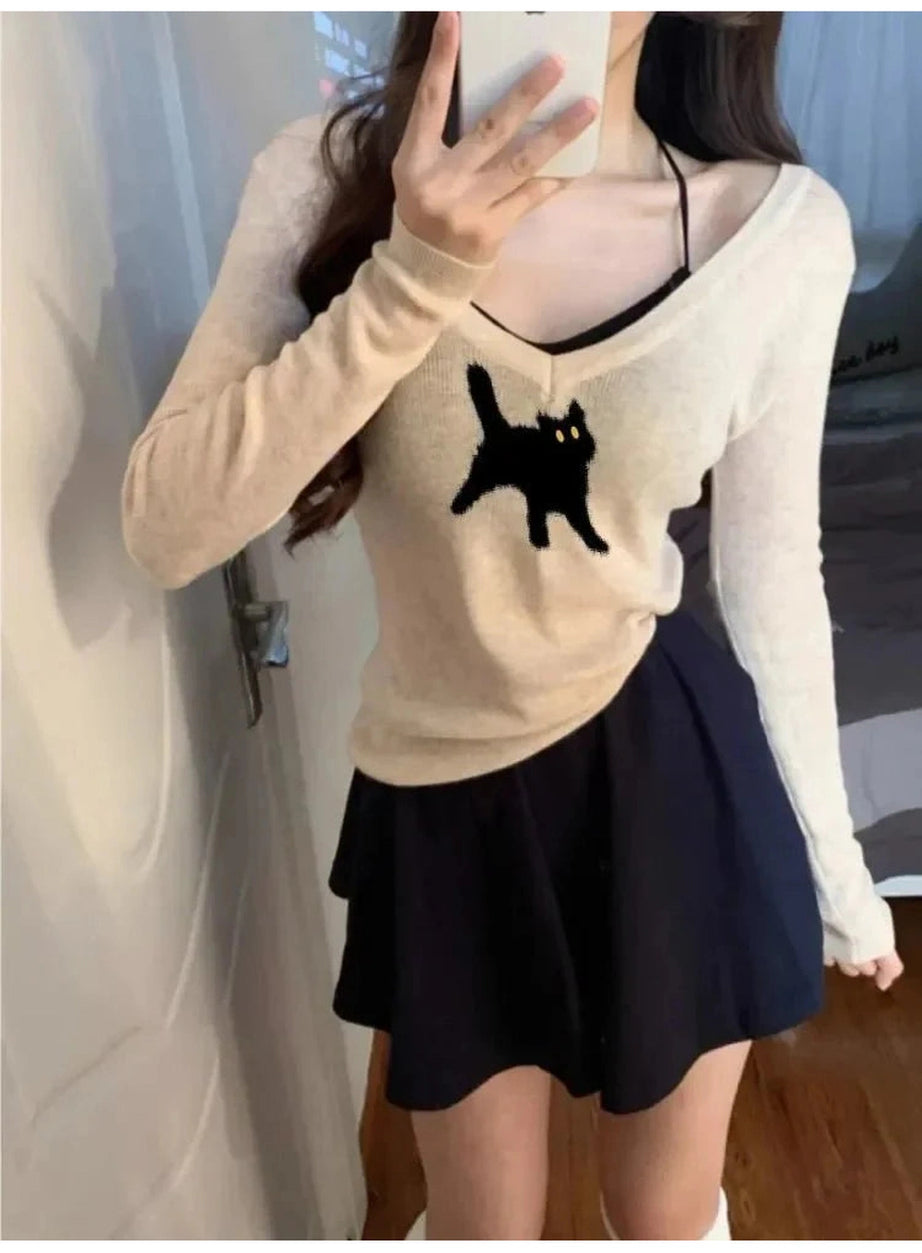Y2k Black Cat V-Neck Sweater
