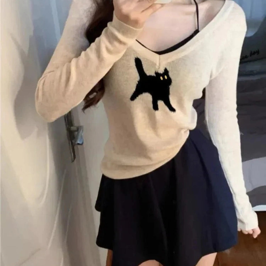 Y2k Black Cat V-Neck Sweater