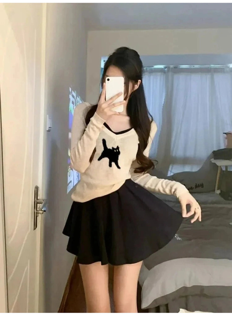 Y2k Black Cat V-Neck Sweater