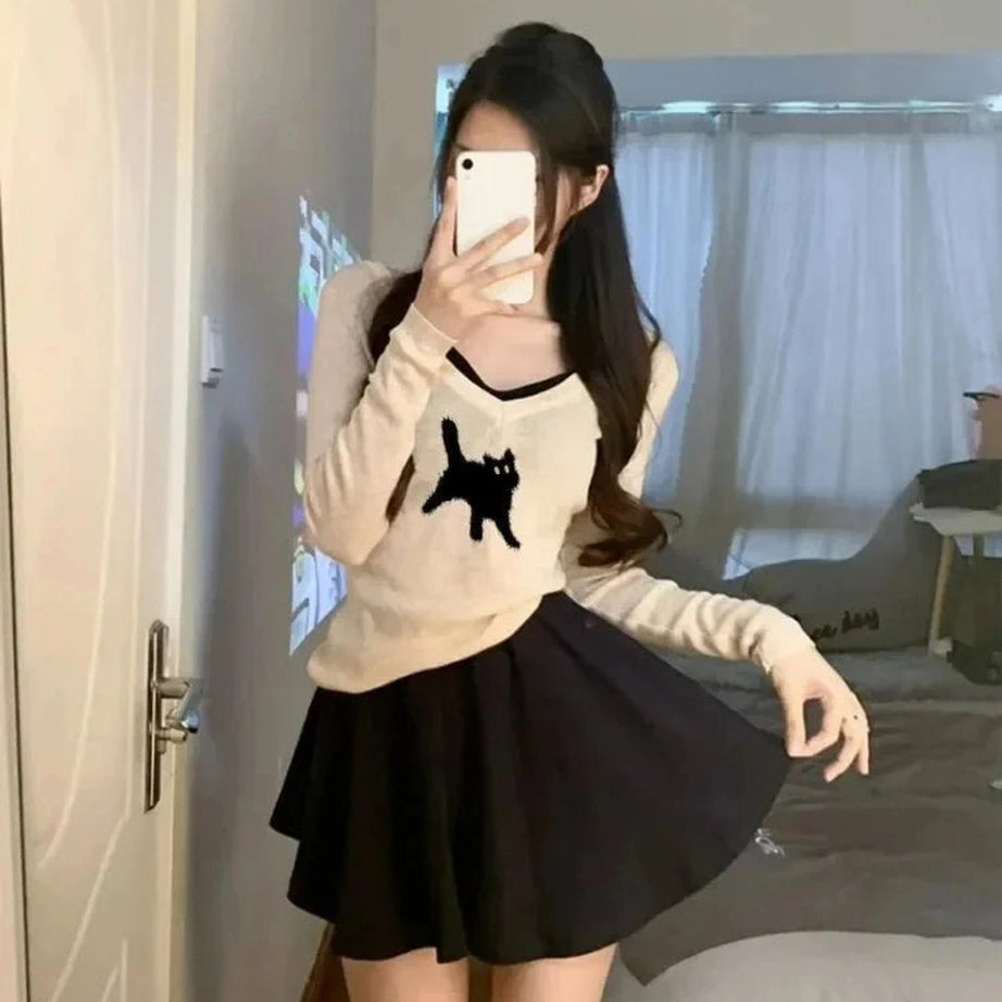 Y2k Black Cat V-Neck Sweater