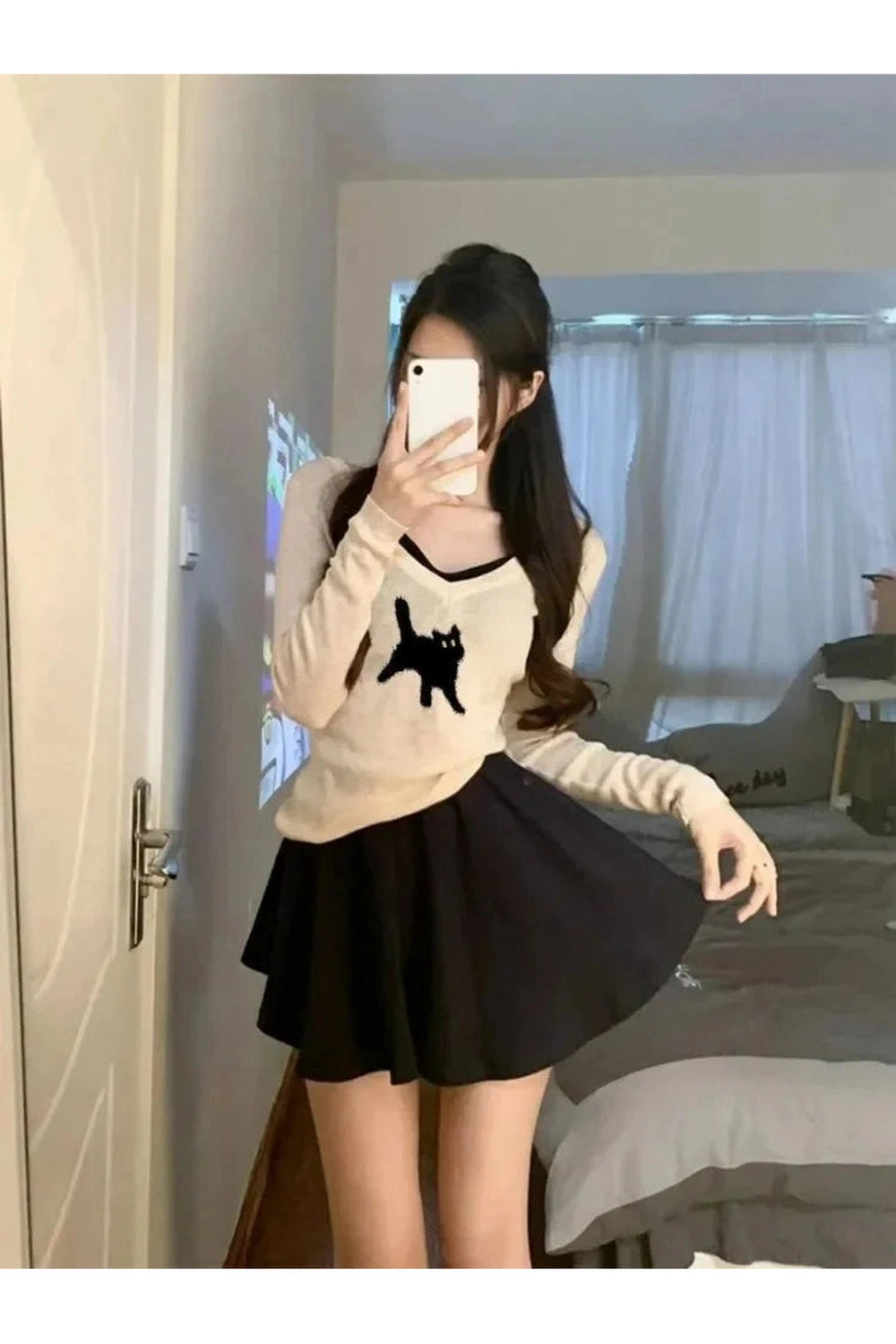 Y2k Black Cat V-Neck Sweater