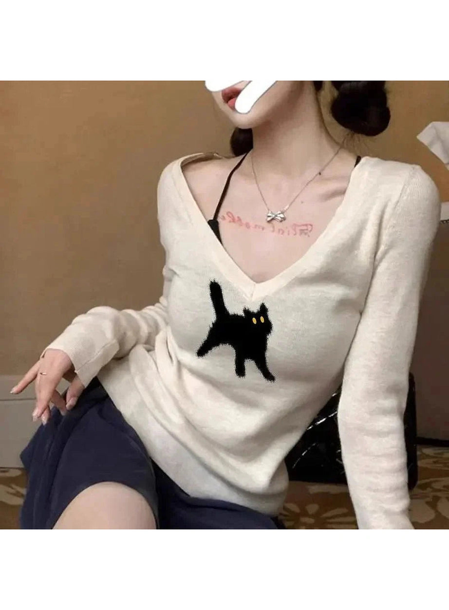 Y2k Black Cat V-Neck Sweater